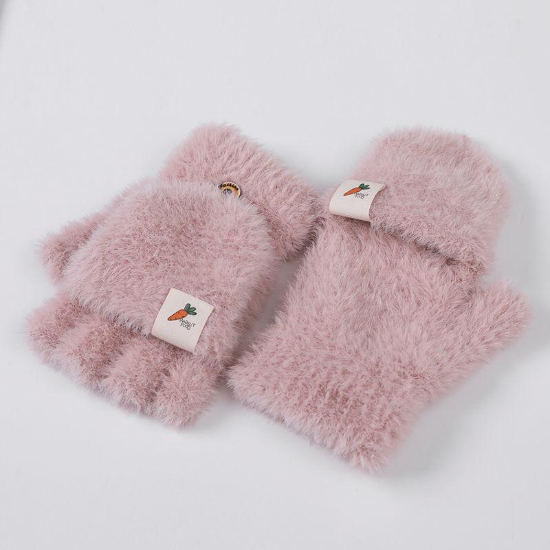 Plush Gloves Female Autumn and Winter Leaky Finger Warm Gloves Thick Clamshell Imitation Mink Nylon Half-finger Gloves