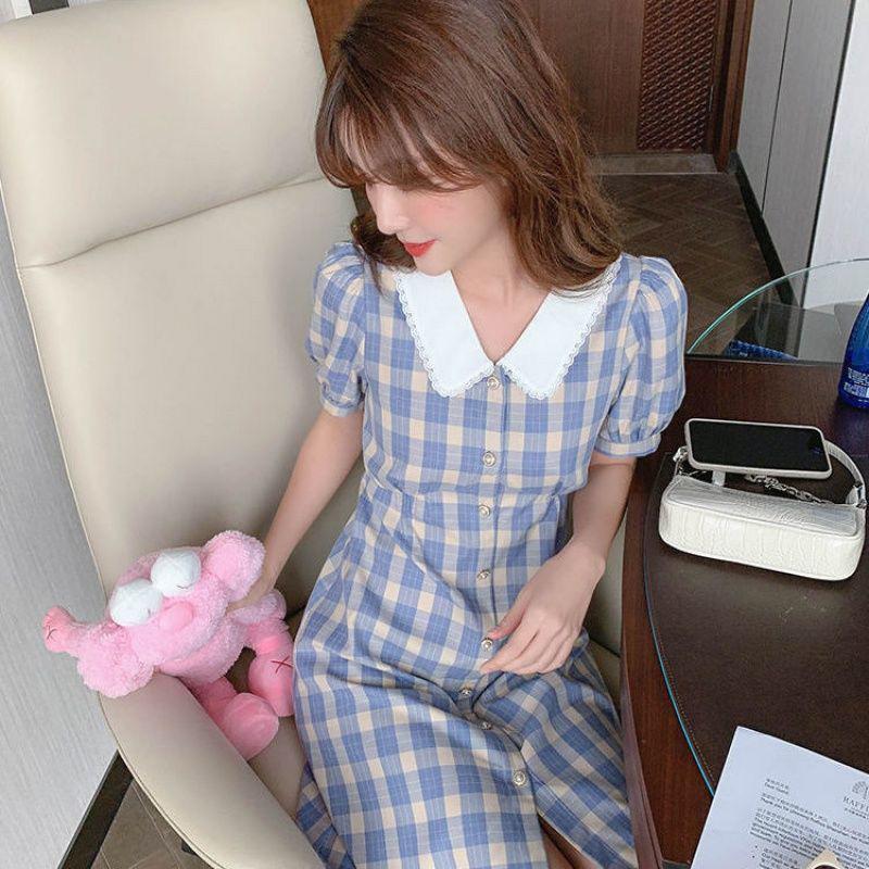 Ladies Dress Blue Plaid Sweet and Cute Fresh Doll Collar Slim and Thin French Retro Jumpsuit Chiffon Skirt Fabric Light and Breathable