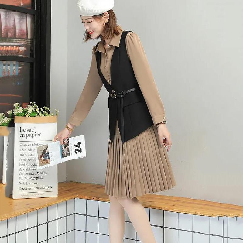 Send Belt Spring and Autumn New Women's Long-sleeved Dress Temperament Waist Waist Vest Shirt Two-piece A-line Base Dress