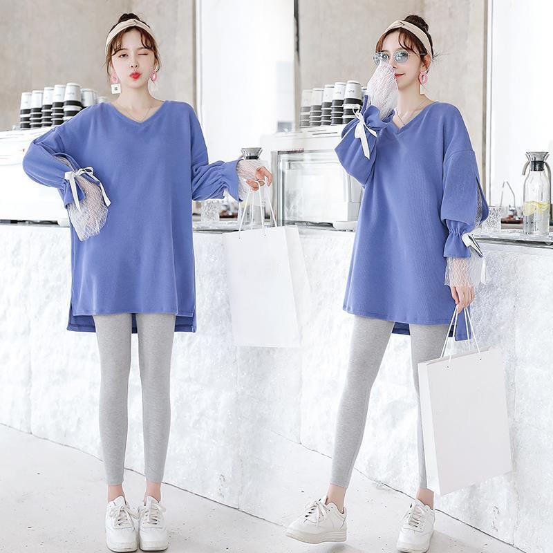 Maternity Clothes Long Sleeve Dress Mid-length Sexy Lace Yarn Bow Strapped Loose Plus Size V-Neck Long Skirt
