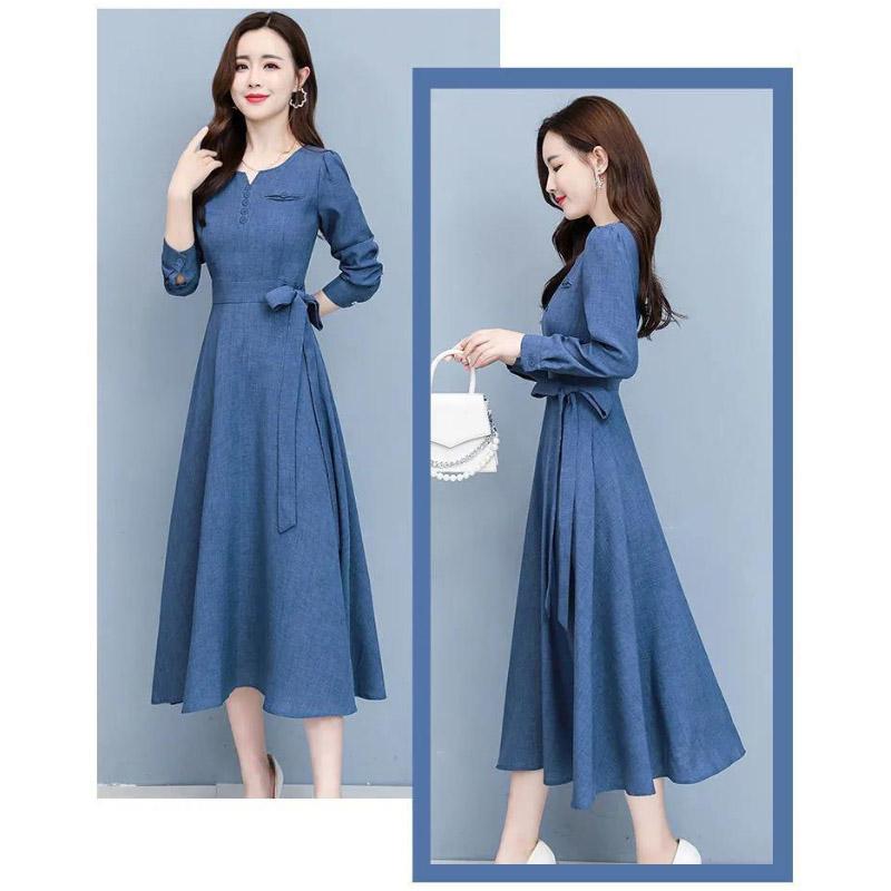 Long Sleeve Fashion Dress Female Spring Summer Korean Style Noble Temperament Slim Slimming Cotton and Linen Midi Skirt