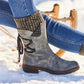 Women's Winter Warm Calf Boots Casual Snow Boots Leather and Sweater Bandage Boots Cowgirl Boots