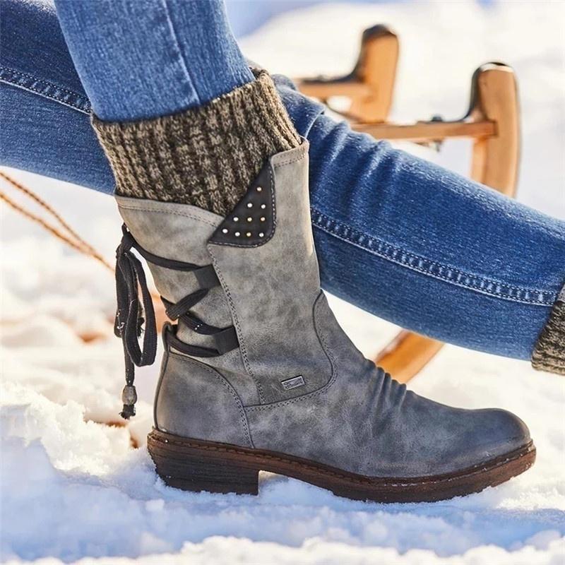 Women's Winter Warm Calf Boots Casual Snow Boots Leather and Sweater Bandage Boots Cowgirl Boots