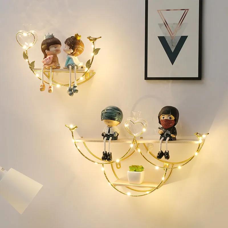 Double Layer Storage Rack Metal Wood Punch-free Shelf Flower Bird Modeling Display Stand with Light Strip