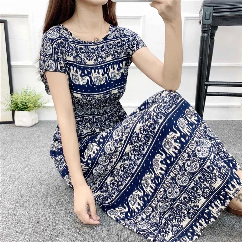 Summer Long Dress Casual Comfort Cotton Dress Plus Size Ethnic Style Short Sleeve Dress