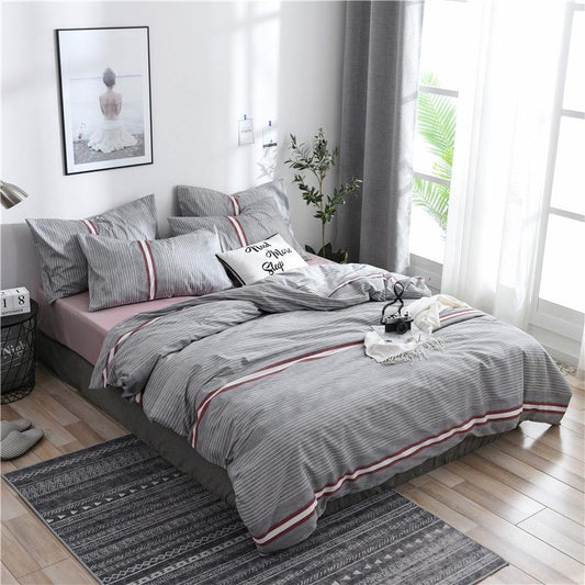4Pcs Simple Striped Bedding Set Quilt Cover Bed Sheet Pillowcases 5 Size Bedspread