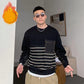 Autumn and Winter Men's Round Neck Stitching Striped Sweater Long-sleeved Loose Jacket Casual Thick Warm Top