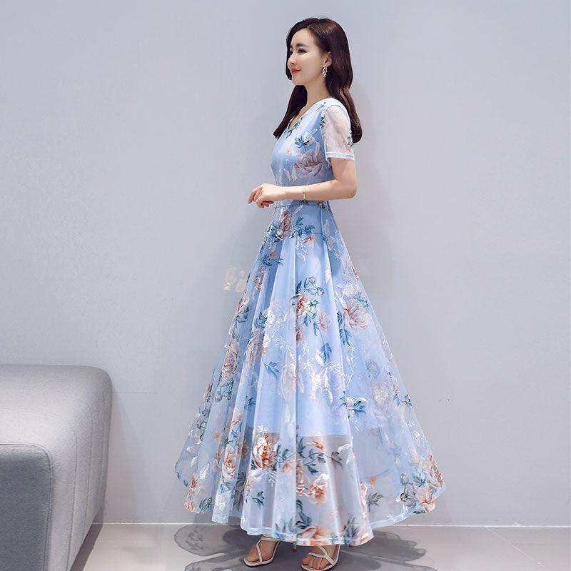 Embroidered Net Yarn Printed Chiffon Dress Summer Long Waist Short-sleeved Beach Skirt Long Skirt Temperament Elegant Long Skirt Women