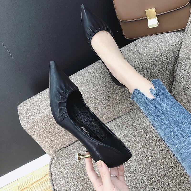 High Heels Women European Stiletto Mid-heel Pointed Toe Fashion High Heels Working Leather Shoes Women