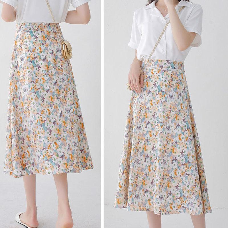 Floral Skirt Women's A-line Skirt High Waist Chiffon Print Midi Skirt Small Daisy Flower Skirt