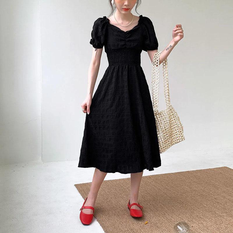 Women's Summer Puff Sleeve Dress Solid Color Chiffon Slim V-neck Long Skirt