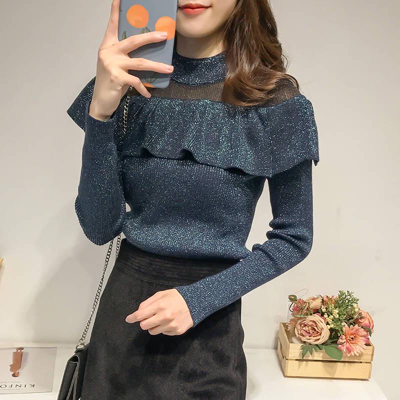 Bright Silk Ruffled Glitter Gold Thread Pullover Long sleeve Knitted Bottoming Sweater