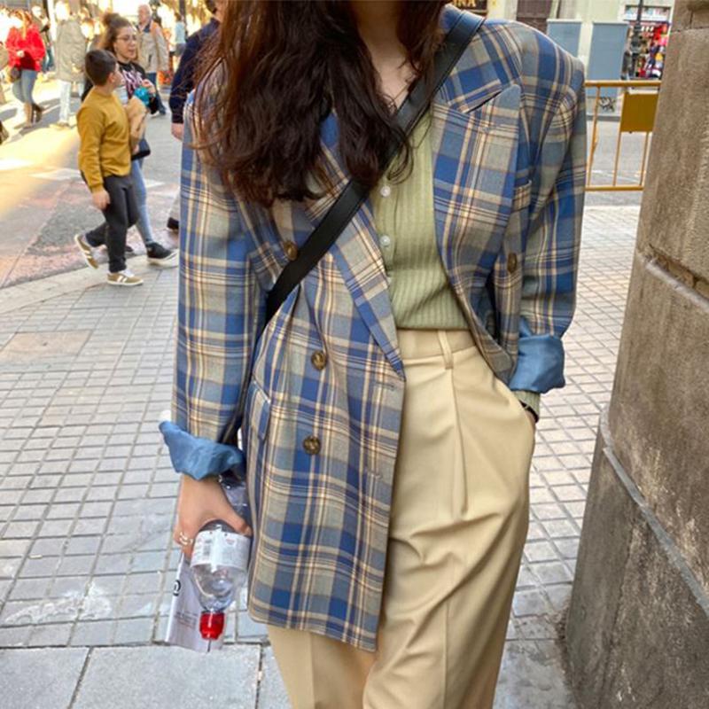 Vintage Loose Women Plaid BlazerAutumn Chic Double Breasted Female Long Sleeve Suit Jackets Stylish Ladies Blazer