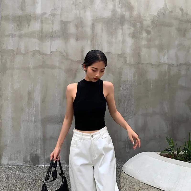 Y2k American Vest Suspenders Women's Sleeveless Slim Fit Crop Top Sexy Slight Stand Collar Shorts Top Steetwear Outerwear Bottoming Shirt Solid Color