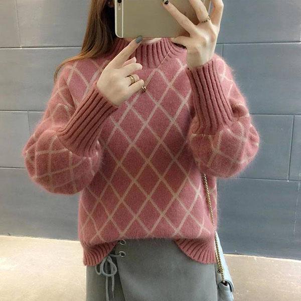 Autumn and Winter Knitted Jacket Diamond Pattern Simple Top Loose Half High Neck Women Sweater
