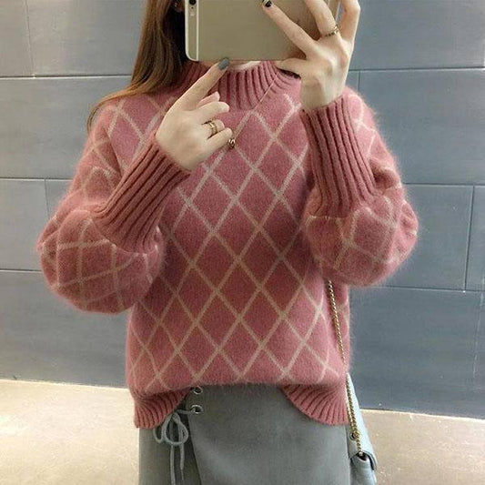 Autumn and Winter Knitted Jacket Diamond Pattern Simple Top Loose Half High Neck Women Sweater