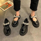 Leather Shoes Women British Style Japanese Black Ice Flower Crystal Thick Bottom Mary Jane Shoes Doll Single Shoes Women's Loafers