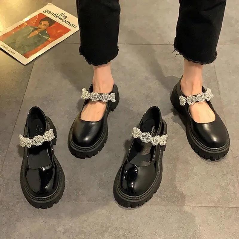 Leather Shoes Women British Style Japanese Black Ice Flower Crystal Thick Bottom Mary Jane Shoes Doll Single Shoes Women's Loafers