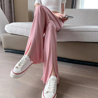 Women's Summer Ice Silk Split Wide Leg Pants Thin Section Large Size Loose and Thin High Waist Casual Pants Straight Trousers Fitness Jogging Pants