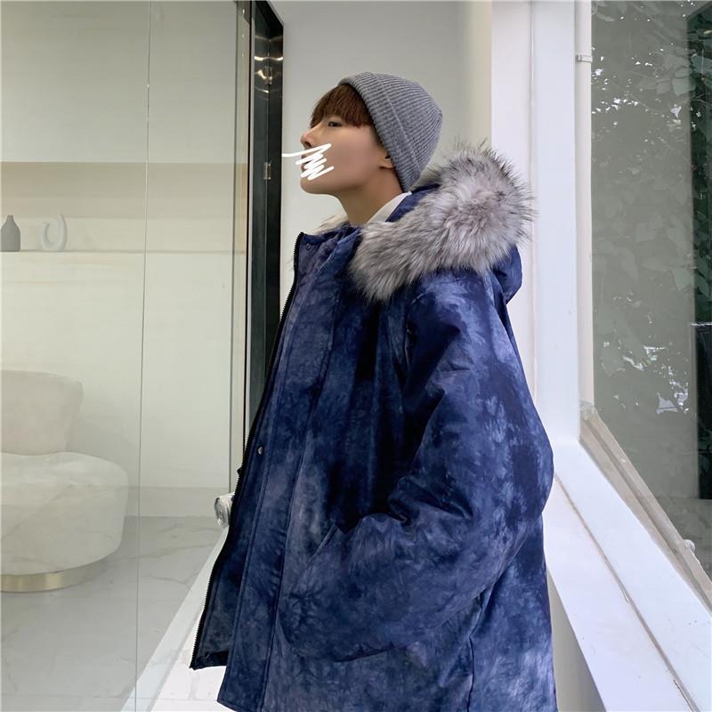 Tie-dyed Cotton Jacket Men's Winter Thick Down Cotton Jacket Korean Style Trend Loose Hooded Big Fur Collar Youth Cotton Jacket