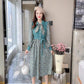 Autumn and Winter Floral Corduroy Dress Stitching Fake Two-piece Woven Waist Tie Bow Coat Sweater Dress