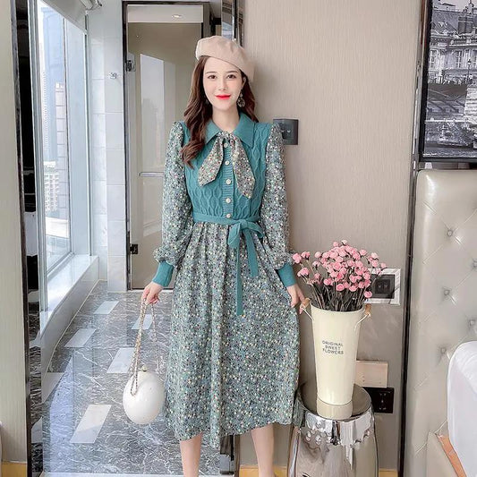 Autumn and Winter Floral Corduroy Dress Stitching Fake Two-piece Woven Waist Tie Bow Coat Sweater Dress