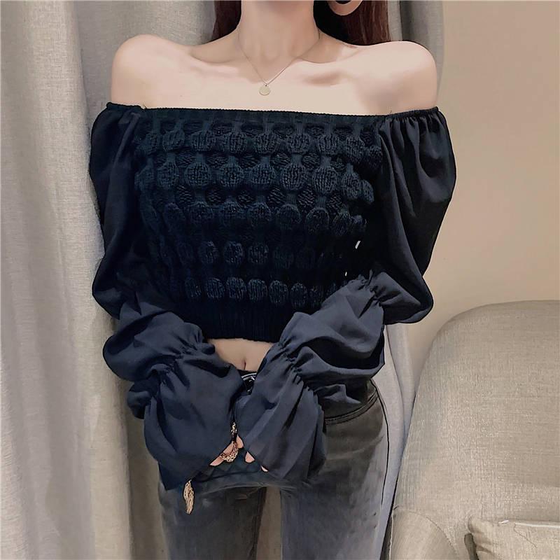 Pofulove Sexy Strapless Pullover Long-Sleeve Short Sweater Women Open Navel Slim Waist Knitwear