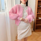 Women's Coat Cardigan Jacket Spring and Autumn Pearl Knitted Sweet Super Fairy Lantern Sleeve Imitation Mink Fleece Sweater
