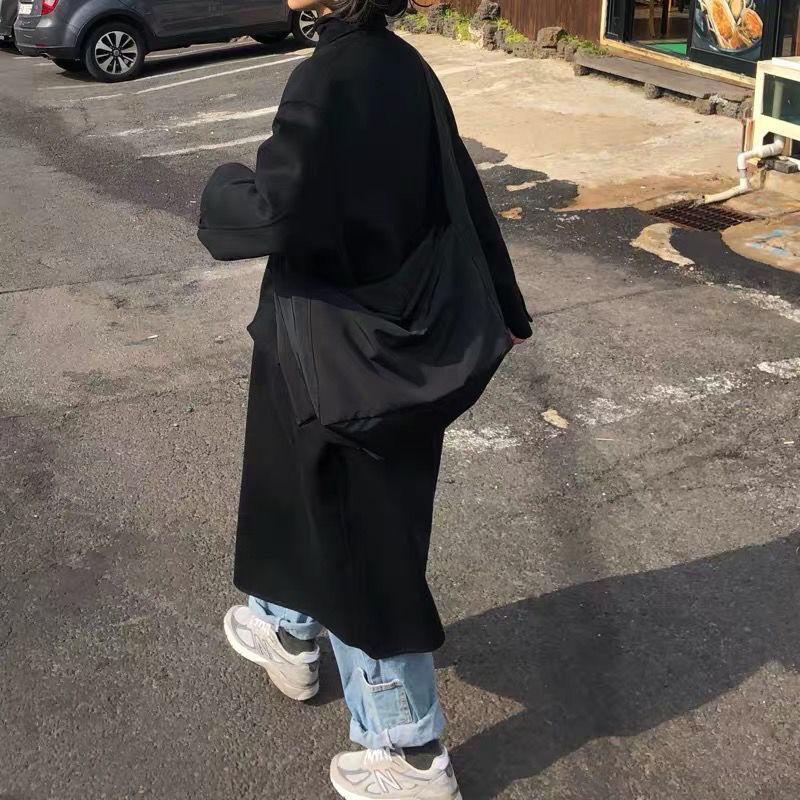 Winter Woolen Coat Women's Mid-length Black Western Style Loose and Thin Student Woolen Coat Women