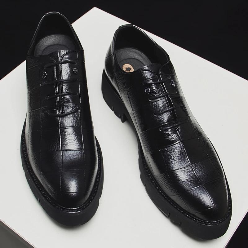 Men's Thick-soled Plaid Leather Shoes Leather Pointed Toe British Business Shoes Casual Shoes Formal Wear Men's Shoes Wedding Husband Shoes Dad Shoes