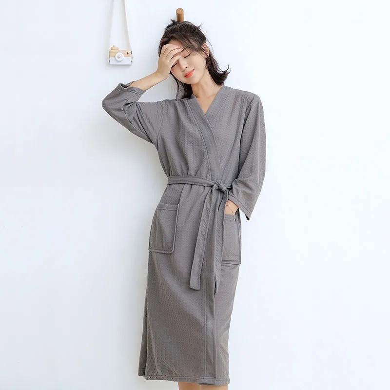 Women's Yukata Pajamas Robe Spring Autumn Loose Waffle Solid Color Bathrobe Long Sleeves Robe Sleeping Robes with Belt