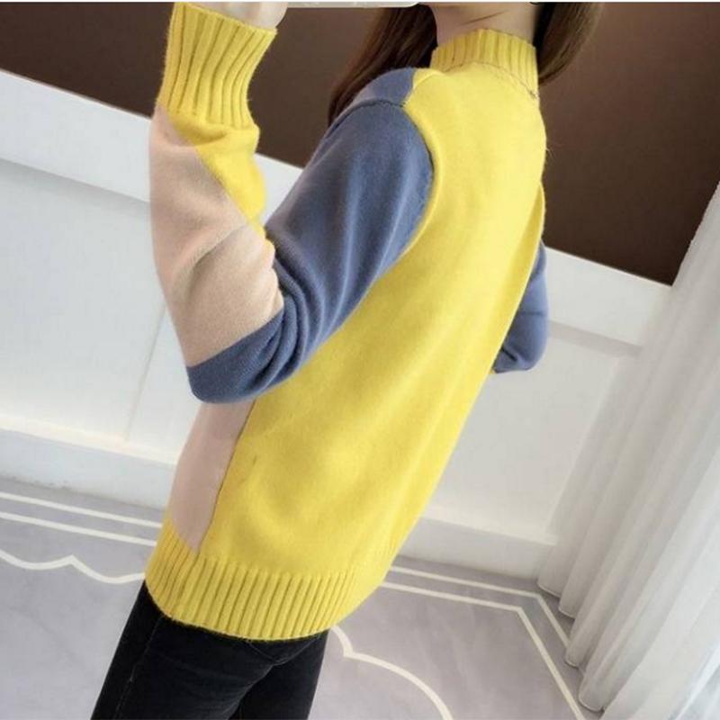 Pofulove color matching trendy long-sleeved loose sweater pullover sweater half turtleneck sweater