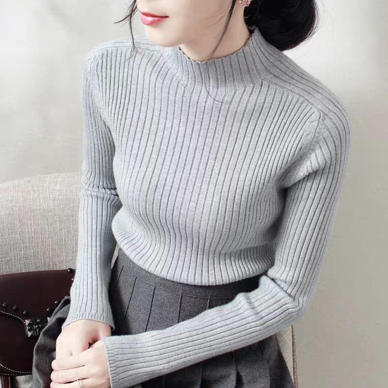 Half-high Neck Pullover Sweater for Women In Autumn and Winter Korean Slim-fit Knit Sweater with Long Sleeves Solid Color Pullover