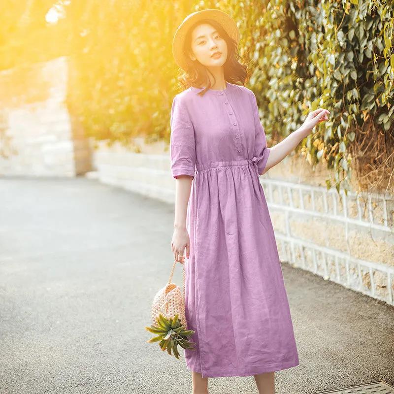 Women Summer Dress 1/2 Sleeved Mid-calf Length Large Size Loose Casual Solid Color Dress M-XXXL