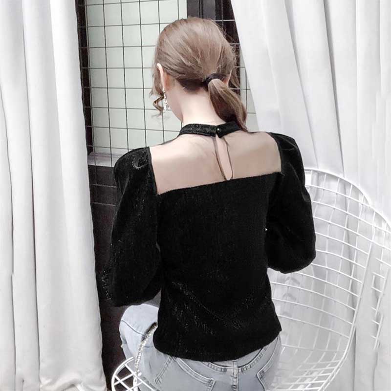 Mesh Velvet Top Spring and Autumn French Style High-end Puff Sleeves Exposed Collarbone Hollow Shirt Women