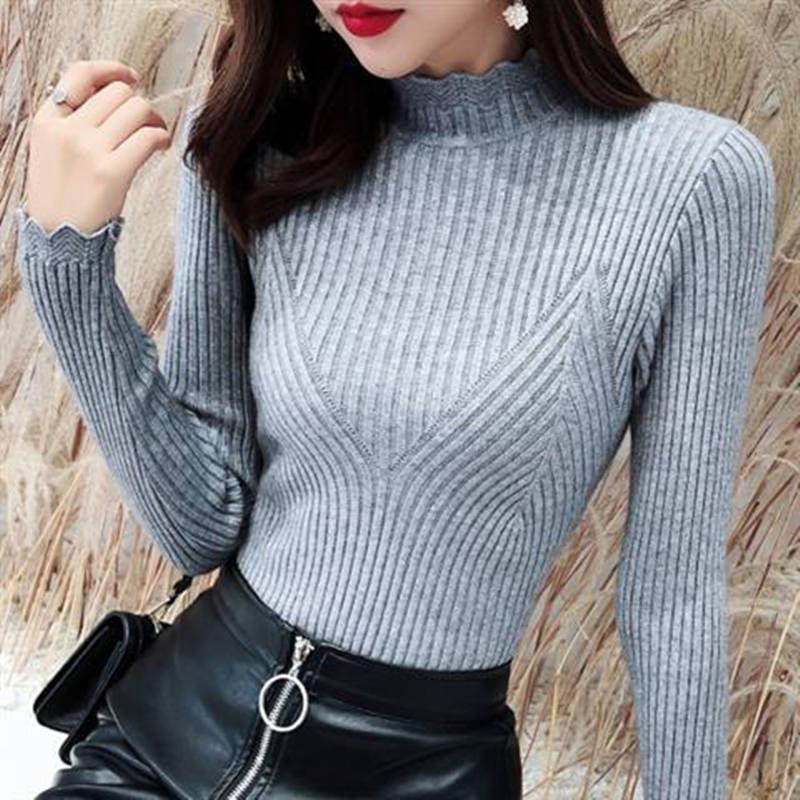 Pofulove Plus Velvet Autumn Winter Pullover Lace Half Turtleneck Sweater Long Sleeve Bottoming Women