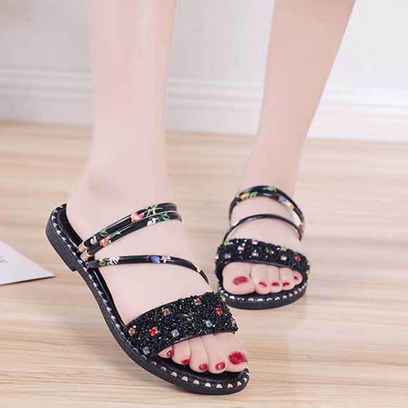 Outing Two-wear Slippers Women's Summer Fashion Out-wearing Rhinestone All-match Dual-use Sandals Flat Summer Sandals