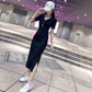 Pofulove S-XL Women Short-sleeved Split Drawstring A-line Dress Sexy Long Knit V-neck T-shirt Dress