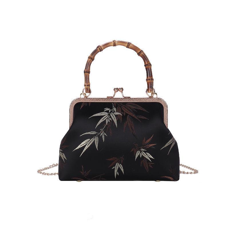 Ethnic Style Women Silk Bamboo Leaves Printing Handbag Messenger Dual Purpose Exquisite Elegant Doctor Bag