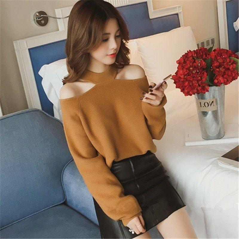 Off-shoulder Hanging Neck Solid Color Knit Sweater Pullover Casual Fall/winter Sweater Women's Long-sleeved Top with Careful Design