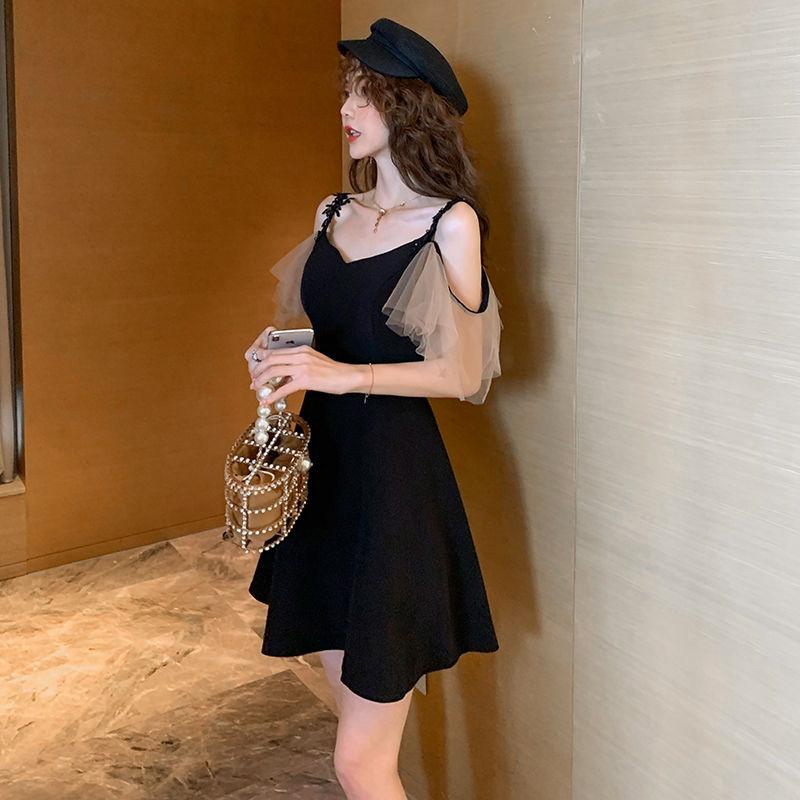 Sexy Woman V-neck Chiffon Sleeves Ruffled Sling  A-line dress Sleeveless Hollow Out Bare Shoulders Nightclub Bar Party