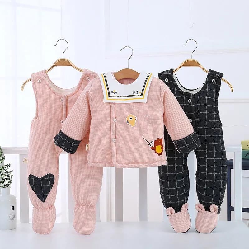 Newborn Baby Cotton Clothes Three-piece Suit Thick Autumn and Winter Pure Cotton Baby Bib with Foot Warm Children's Cotton Clothes