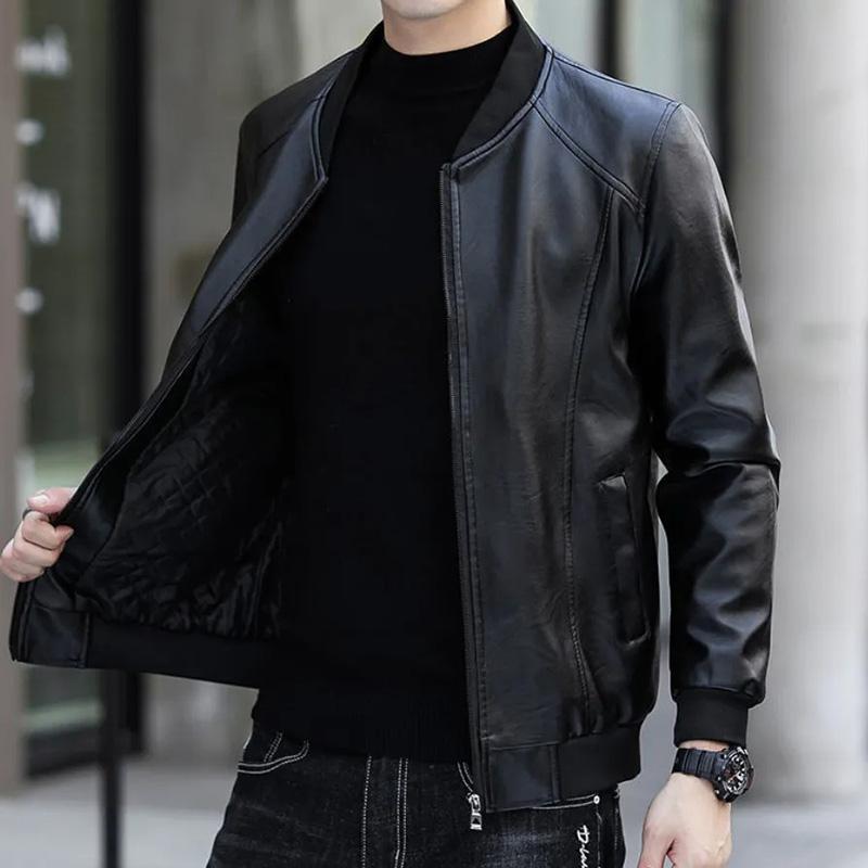 Autumn and Winter Leather Jacket Men's Fleece Leather Jacket Korean Version Slim PU Leather Jacket Men's Leather Jacket