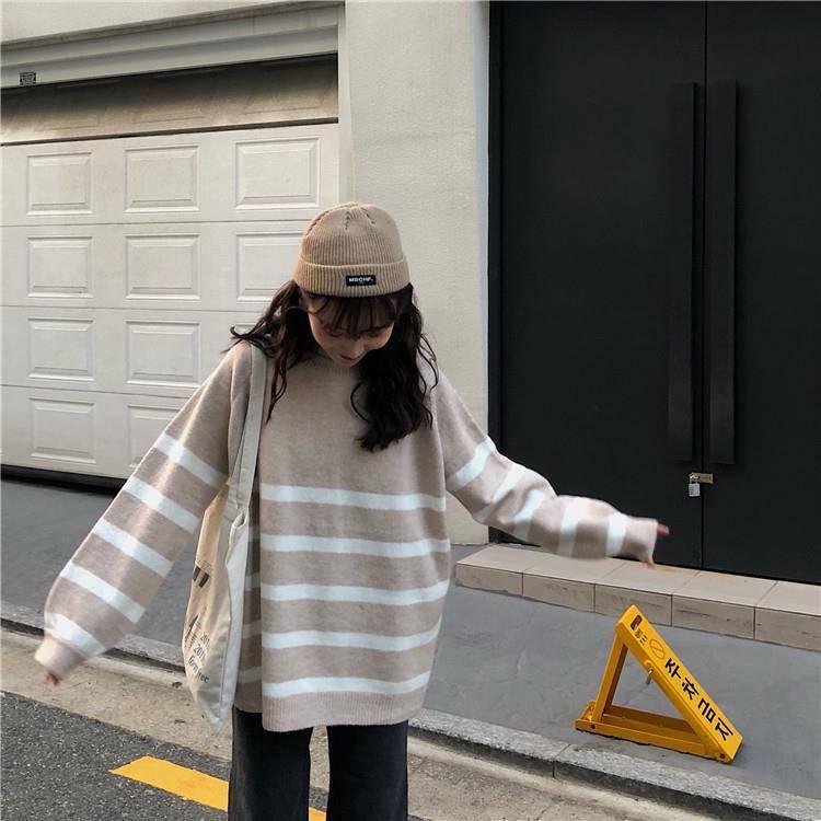 Pofulove Winter Harajuku Style Striped Sweater Schoolgirl Loose Mid-length Sweater Coat Grey Dress Apricot Sweater