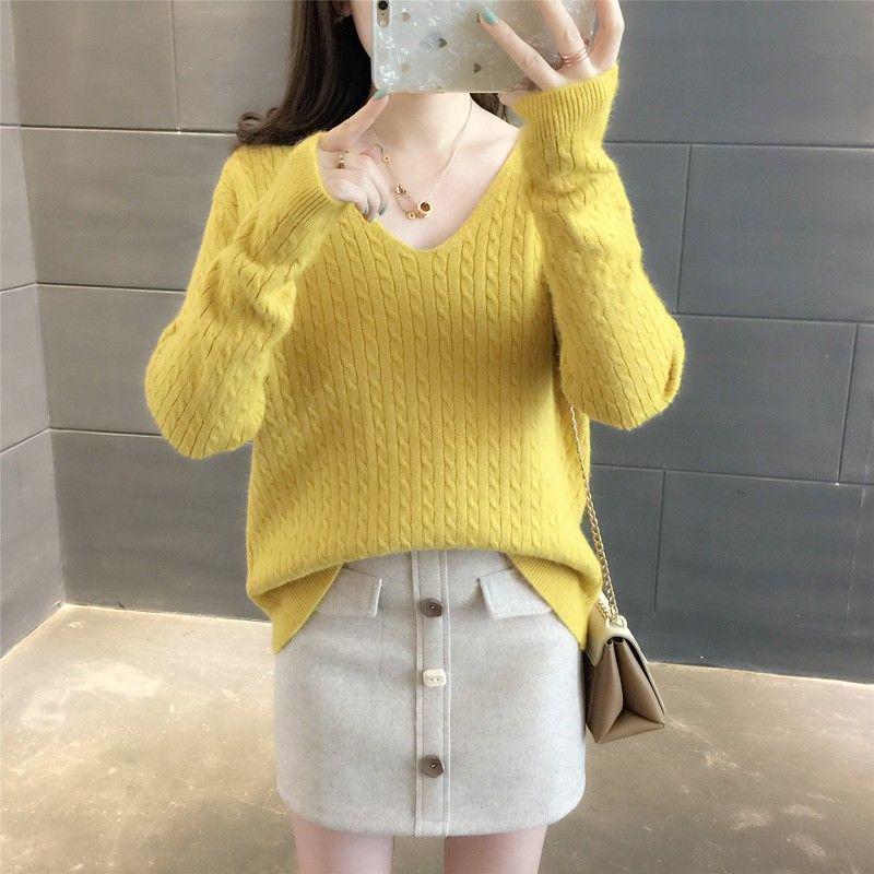 V-neck Sweater Women Spring and Autumn Loose Short Bottoming Shirt Solid Color Stitching Bottoming Blouse Women Pullover