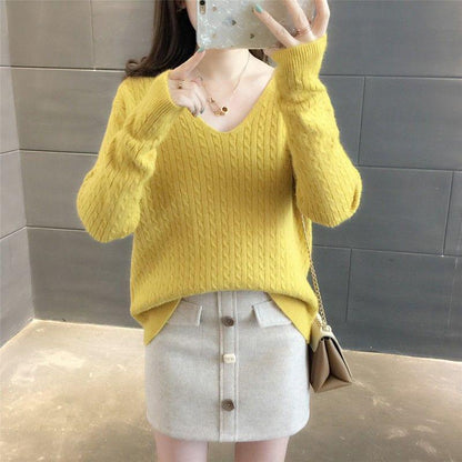 V-neck Sweater Women Spring and Autumn Loose Short Bottoming Shirt Solid Color Stitching Bottoming Blouse Women Pullover