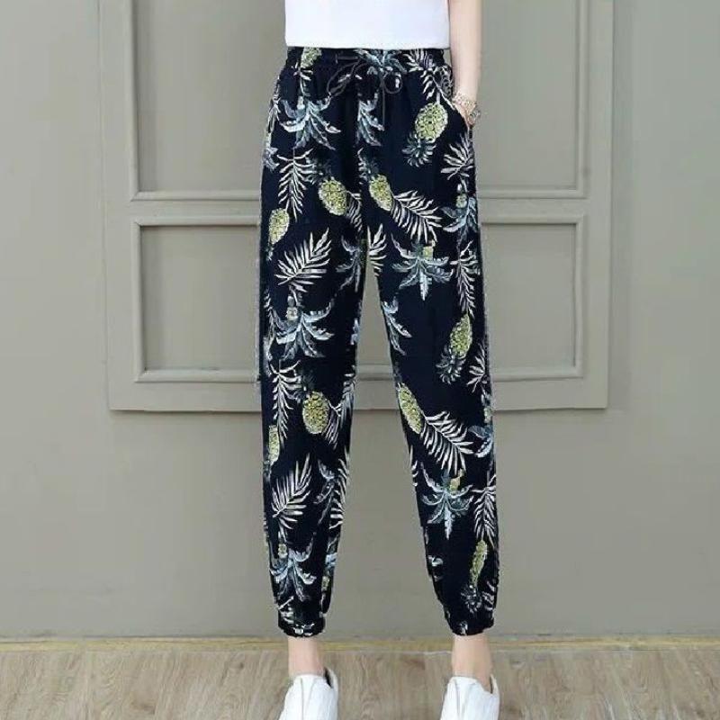 Elastic Waist Printing Boutique Harlan Cotton Trousers Nine Minutes Pants Women Loose Summer High Waist Thin Thin Casual Pants Women