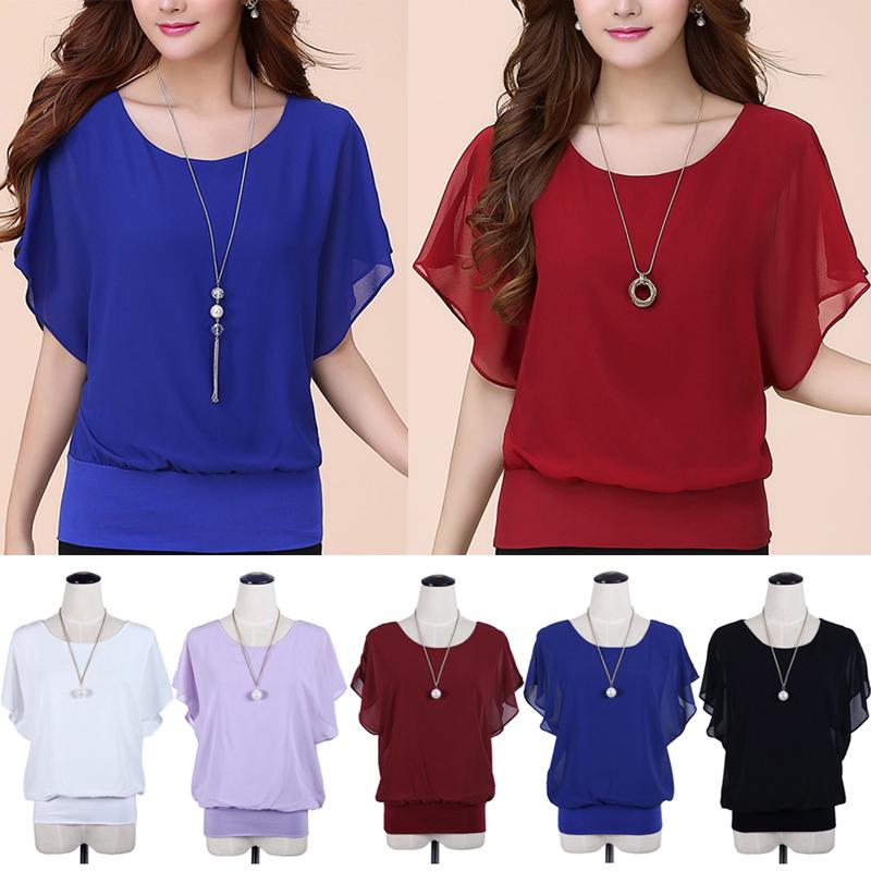 Summer Women Blouse Chiffon Batwing Shirts Tops Casual Solid Korean Loose