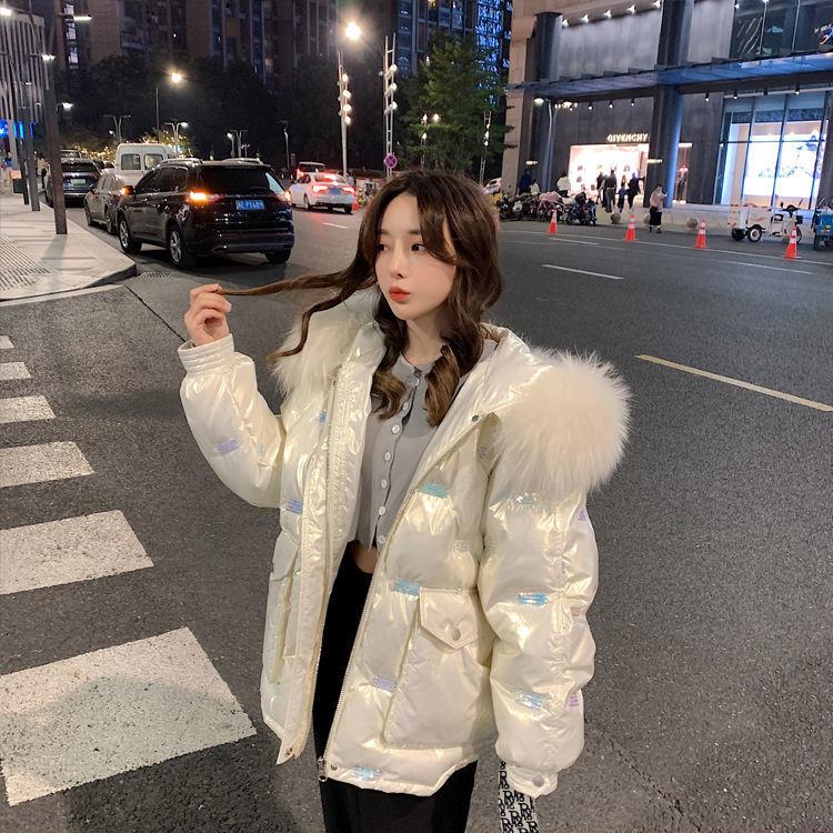 Glossy Down Padded Jacket Women Short Winter Fluffy Big Fur Collar Hooded Loose Padded Padded Jacket Winter Loose Bread Short Padded Jacket
