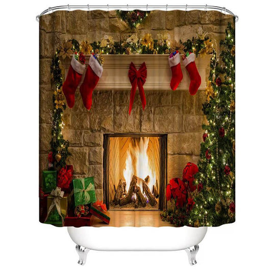 Christmas Bathroom Supplies Christmas Floor Mats Four-piece Toilet Waterproof Shower Curtain Fabric Christmas Shower Curtain Toilet Supplies